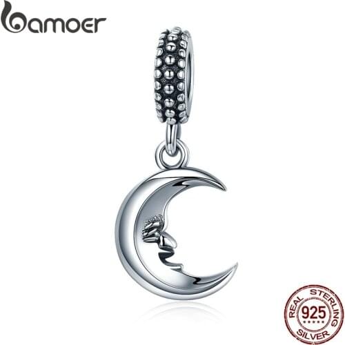 BAMOER High Quality 925 Sterling Silver Mr. Moon Smile Face Pendant Charm fit Charm Bracelet DIY Fine Jewelry Gift SCC149