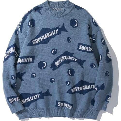 LACIBLE Streetwear Sweater Men Women Tops Letter Fish Print Knitted Sweater Autumn Harajuku Loose Cotton Casual Pullover Sweater