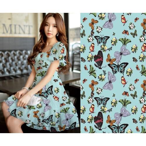 Telas High Crepe Silk Satin Fabric Green Butterfly Designs Print Blouse Dress Summer 16mm 90% Silk Fabric Tissus Au Metre Tulle