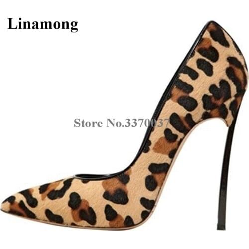 Linamong Brand Design Pointed Toe Leopard Zebra Metal Stiletto Heel Pumps 12cm Sexy Metal High Heels Formal Dress Shoes