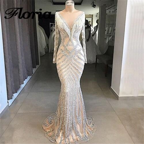 African Nude Beaded Mermaid Evening Dresses Aibye Arabic Turkish Long Sleeve Prom Dress For Weddings Robe de soiree Abendkleider