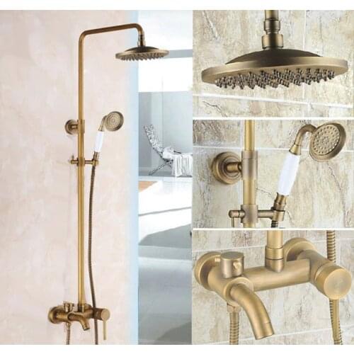 Vintage Retro Antique Brass Single Handle Bathroom 8 Inch Round Rain Shower Faucet Set Bath Tub Mixer Tap Hand Shower mrs186