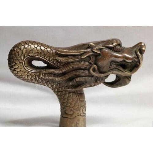 WBY 715+++Old Qing Ming China Old Handwork Carving BRASS Dragon Statue Cane Head Walking Stick