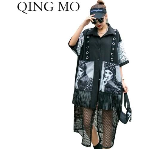 QING MO Character Printed Women Blouse 2021 Women Metal Rings Hollow Out Blouse Female Sequin Patchwork Blouse Tassel ZQY6433