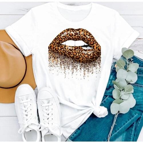 Women Clothing Leopard Lip Casual 90s Cute Trend Fashion Short Sleeve Summer Clothes Print Tshirt Female Tee Top Graphic T-shirt