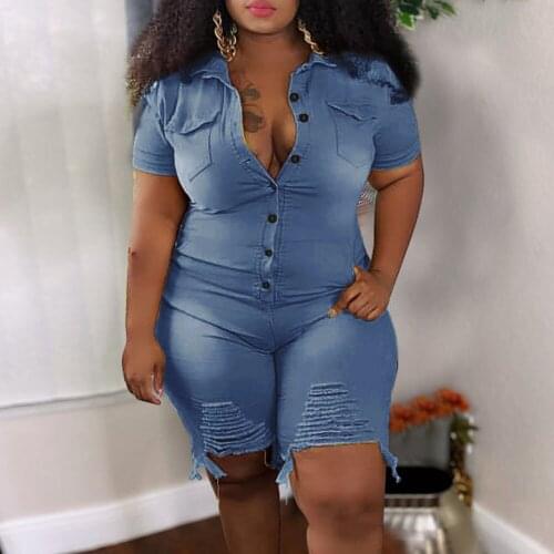 Women L-5XL Plus Size Denim Jumpsuits Short Sleeve Bodysuit Ripped Denim Shorts with Pockets Jeans Jumpsuits Short Romper 2021