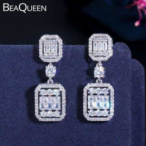 BeaQueen Shiny Cubic Zircon Crystal Paved Setting Fashion Ladies Hanging Drop Silver Color Earrings Jewelry for Women Party E385