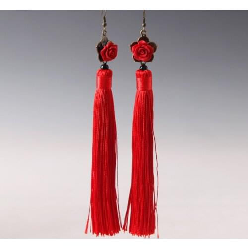 1 Pair Long Tassel Rose Flower Pearl Earring Women Bride Fashion Chic Ear Hooks Ethnic Style Jewelry Crafts Charms