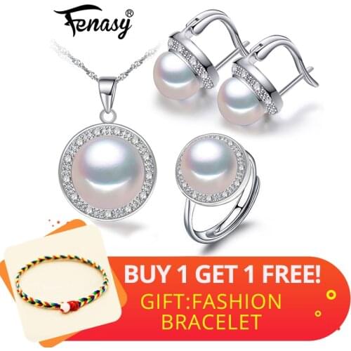 FENASY S925 Sterling Silver Pearl Necklace Set Clip Earrings Fashion Jewelry Ring Boho Freshwater Pearl Jewelry Sets For Women