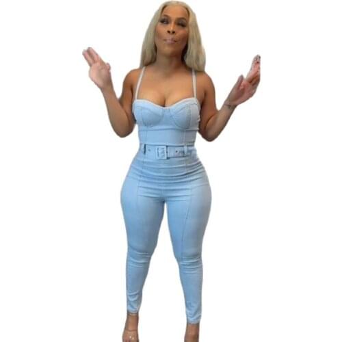 Women Casual Denim Jumpsuit Strap Rompers Overalls Female Streetwear Belt Bodysuit Playsuit Lady Pockets Jumpsuits 2021