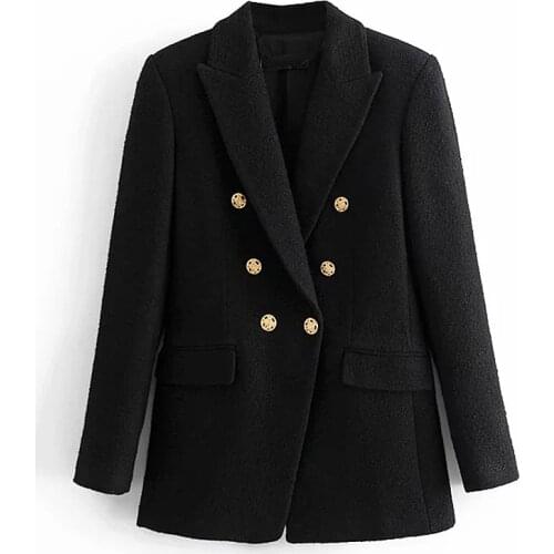 Stylish New 2021 Winter Tweed Blazer Jacket Womens Double Breasted Metal Buttons Blazers Solid Office Lady Suits Jackets