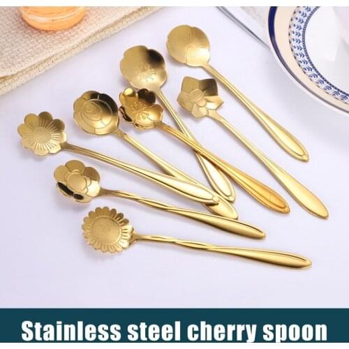 8 Pcs Cherry Blossoms Stainless Steel Coffee Spoon Teaspoons Ice Cream Sugar Cutlery Gold Kitchen Tableware JS22