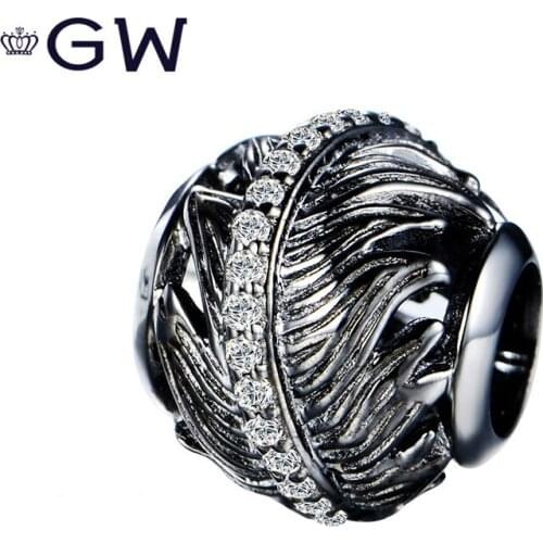 GW Black Retro feather Clear Crystal Charms S925 Sterling silver Beads Fit Original Bracelet DIY Jewelry Making
