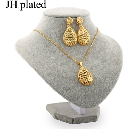 JHplated African Ethiopia Fashion gold color jewelry sets women best gifts Party wedding Necklace and Earrings sets 45cm Pendant