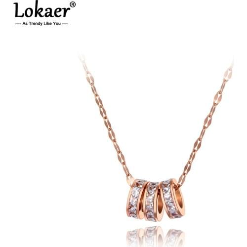 Lokaer Trendy Titanium Steel 3Pcs Crystal Circle Charm Pendant Necklaces Jewelry Rose Gold Wedding Necklace For Women N20197