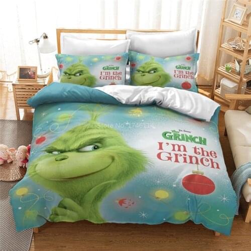 Green Monster Grinch Cartoon Bedding Set Duvet Cover Pillowcases Comforter Cover Bed Linens Bedclothes Twin Full Queen King Size