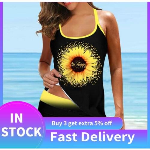 Sunflower Print Tankini Swimsuits Women Plus Size Strappy Back Tankini Set Two Piece Swimdress Panty Bathing Suit Plavky