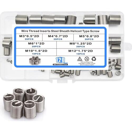 120pcs/box Fastening Thread Insert Set Stainless Steel Repair Tool Insert Spiral Wire Screw Sleeve Wear M3 M4 M5 M6 M8 M10 M12
