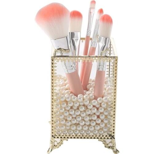 Makeup Brush Desktop Gold Glass European Style Simple Handmade Organizer Jewelry Jar Bottle Lipstick Bucket Storage Box