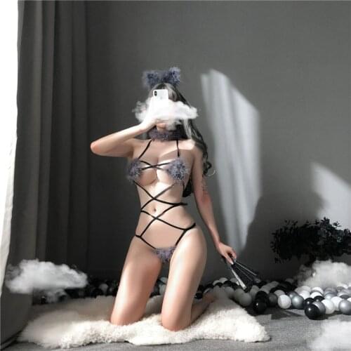 New Sexy Lingerie Transparent Furry Ball Lace-up Lingerie Set Womens Erotic Fluffy Three-point Uniform Temptation Suit