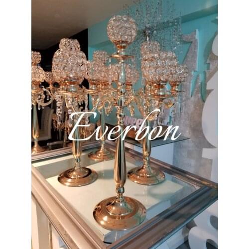 75cm height 5-arms metal Gold candelabras with pendants sumptuous wedding table candle holder home decoration 10 pcs/lot