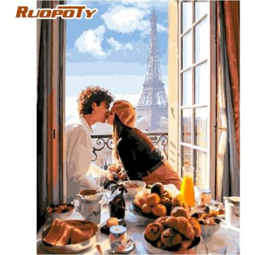 RUOPOTY Oil Painting By Numbers For Adults Romantic Lover Kiss On Window Figure Photo By Number HandPainted Framed Wall Crafts