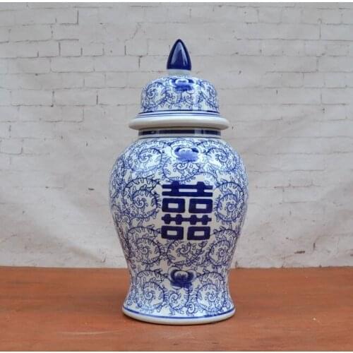 Blue And White Double Happiness pattern Ceramic temple Jar Home Decoration Wedding Gift porcelain Ginger jar vase
