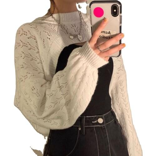 Fashion Simple Women Sweaters Casual Solid Long Sleeve Hollow Short Pullover Knit Fall Crop Tops Sexy Outfit Cropped Cape Cloak