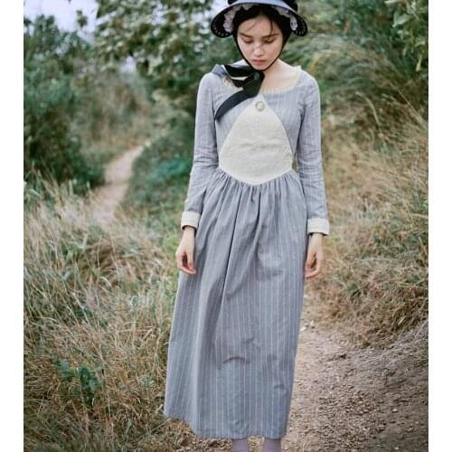 Spring Autumn Winter Women Cotton Linen Long Dress Ladies Vintage Retro England Long Striped Dress Robe Longue Femme Elbise 2020