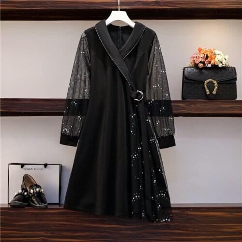 4XL plus size women elegant vintage sexy hollow out dress autumn winter 2021 long sleeve v neck mesh Patchwork shiny dresses