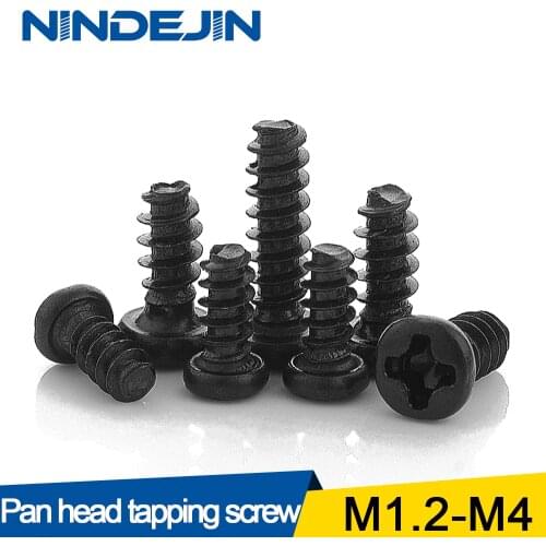 50pcs Cross Recessed Pan Head Flat Tail Self-tapping Screw M1.2 M1.4 M1.7 M2 M2.3 M2.6 M3 M4 Black Carbon Steel Phillips Screw