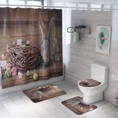 180*180cm Happy Easter Bathroom Curtain Sets Rabbit Eggs Print Shower Curtains Rug Lid Toilet Cover Bath Mat Set Home Decoration