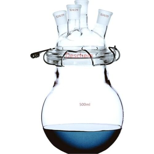 24/29 Glass Reactor Four Necks Flat Bottom Chemistry Reaction Vessel W/4-Neck Lid & Steel Clamp