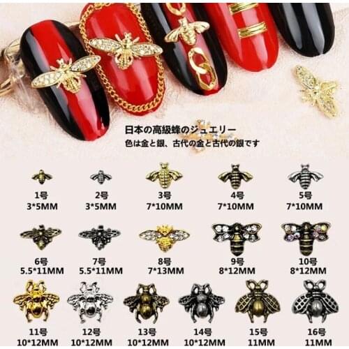 5pcs/10pcs Metal Alloy Bee Design 3D Nail Art Decorations Gold Silver Black Jewelry Gem Japanese Style Manicure Accessories
