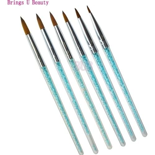 6pcs / lot Fine Nylon Hair Crystal Handle Round Sharp Acrylic Nail Brushes Set Nail Art Design Drawing Dotting Painting Carving