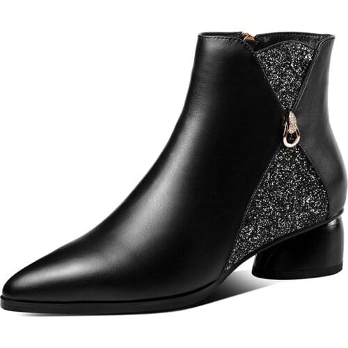 Real Cow Leather 4cm Med Heels Boots Ladies Dress Boots Zipper Pointed Toe Ankle Boots Autumn Winter Winter Shoes Woman