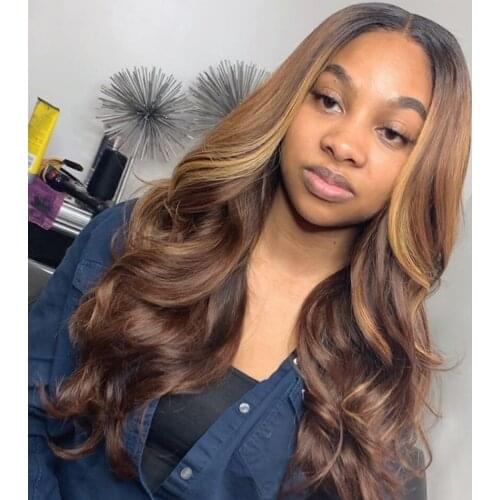 Brazilian Body Wave 13X4X1 T-Part Lace Front Wig Highlight Human Hair 4/27 Ombre Color Body Wave Lace Part Wig For Women Wigs