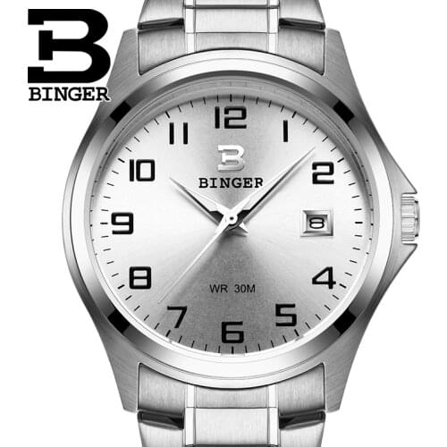 Full Stainless Clock Switzerland Luxury Mens watch BINGER brand Quartz Waterproof Complete Calendar Male Wristwatches B3052A7