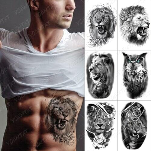 Ink Black Lion Temporary Tattoo Sticker For Men Women Adult Owl Tiger Waterproof Fake Henna Wolf Tiger Animal Body Art Tatoo