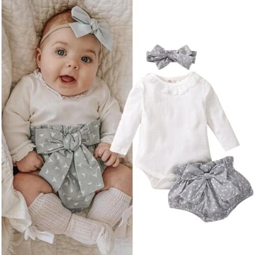 0-18M Newborn Infant Baby Girl Autumn Clothing Set Long Sleeve Solid Romper Top Shorts Headband With Bow 3Pcs