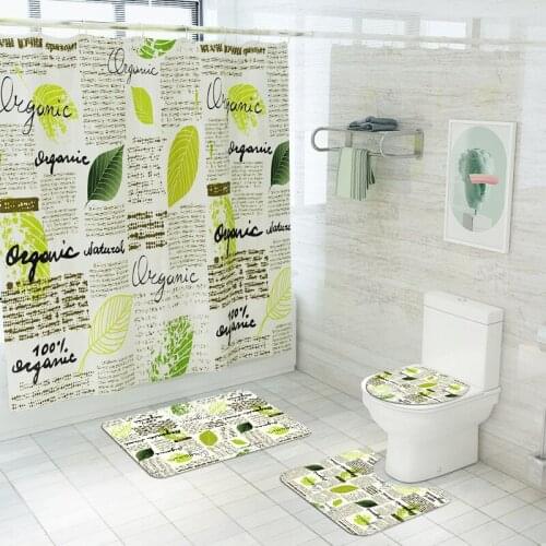 Green Leaf English Newspaper Shower Curtain Set Bath Mats Rugs Bathroom Curtains Sets Anti Slip Pedestal Rug Lid Toilet Cover