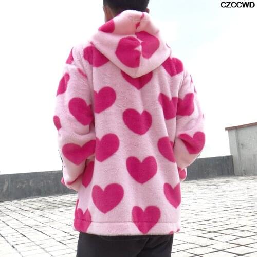 Za Winter Women Jacket Warm Plush Loose Hooded Coat Mixed Love Printed Color Outwear Faux Fur Zipper Casual New Parka Coat Femme