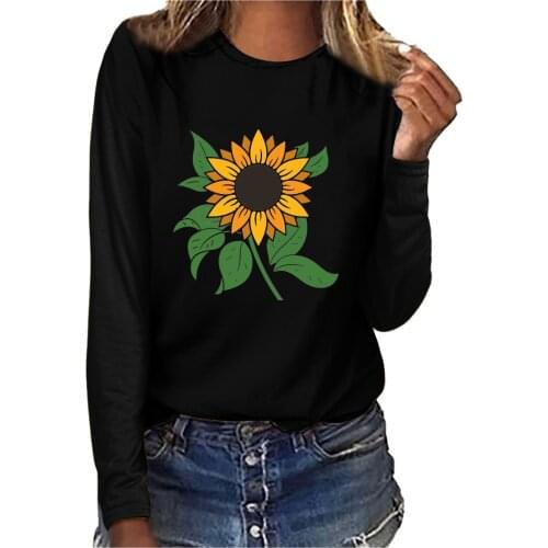 Summer Harajuku Style T Shirt Women Casual Sunflower Printing Graphic Tee Comfy Round Neck Pullover Top Basic Long Sleeve Tees