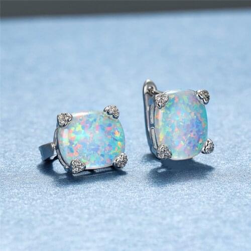 Fashion Silver Color Wedding Earrings Classic Oval Stone Small Stud Earrings Vintage Female White Blue Opal Earrings For Women