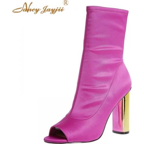 Women Adult Boots Pink Solid Med-Calf Zipper Peep Toe Super High Square heels Mature Concise Leisure Fashion Nancyjayjii 2019