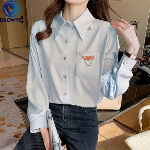 Solid Turn Down Collar Ladies Tops Women Shirts Blusas Feminine Summer 2021 New White Long-sleeved Chiffon Shirt Women Tops