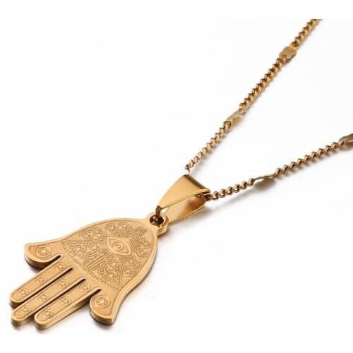 Stainless Steel Egyptian Eye of Good Luck Fatima Hamsa Hand Pendant Necklace Hand Palm Jewelry