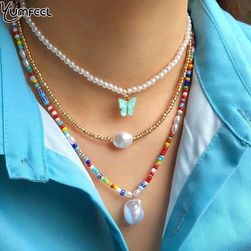 Yumfeel Brand Trendy Women Butterfly Pearl Layered Necklace Jewelry Gifts