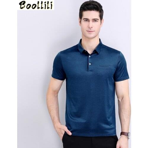 Boollili 100%Silk Shirt Men Clothes 2020 Summer Polo Shirts Lapel Shirt Solid Color Polo Shirts Short Sleeve Shirt