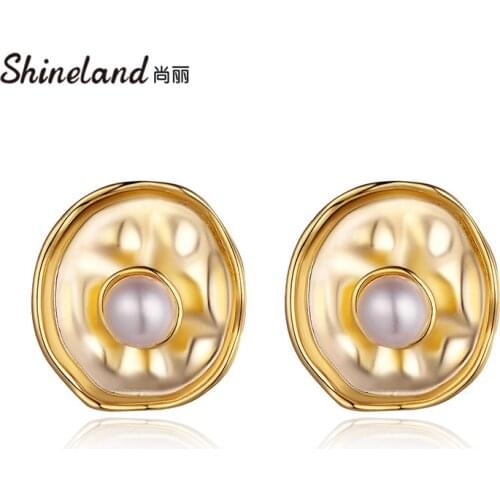 Shineland New Vintage Simulated Pearl Gold Color Stud Earrings For Women Punk Statement Round Brincos Female Jewelry Gifts 2021